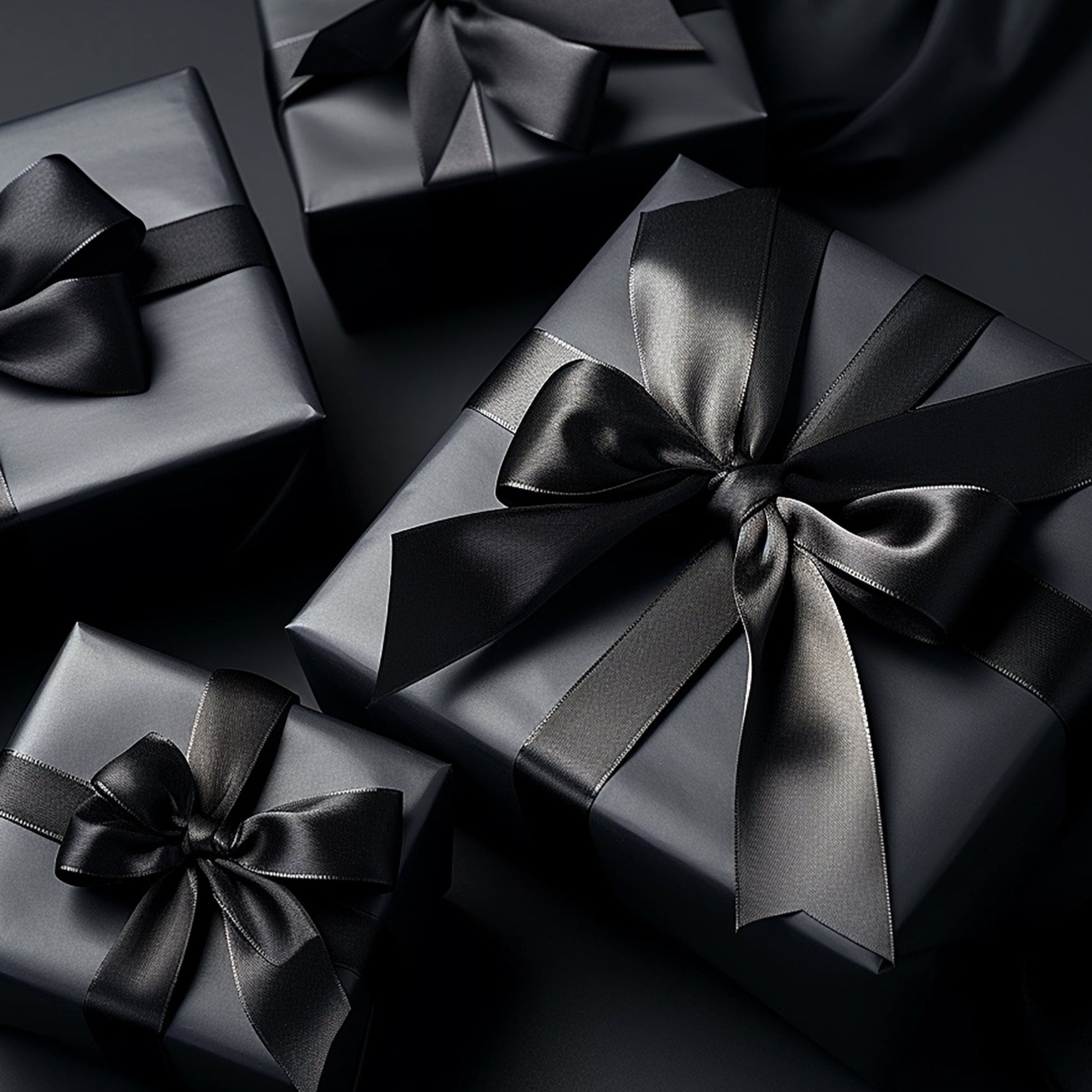 Gift Boxes Wrapped in Black Paper and Black Ribbon